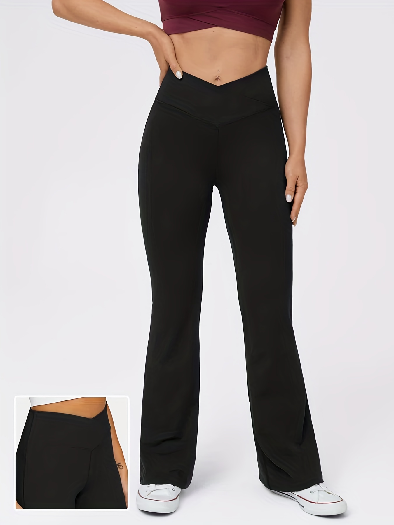 Women's Sports Pants Plus Size Plain Black Crossover High - Temu