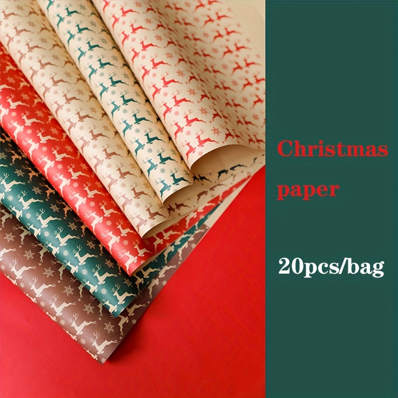 10pcs, Christmas Wrapping Paper Folded Brown Kraft Paper With Red And  Green, Greetings, Snowflakes, Reindeer, Christmas Tree Elements Series,  20*29 In