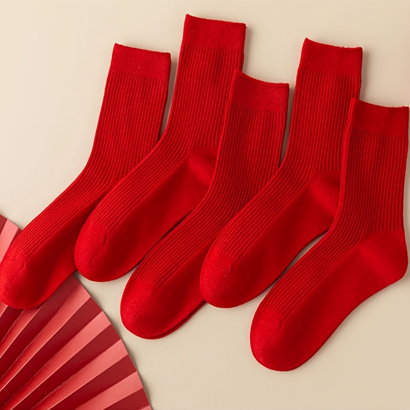 5 Pairs Women's Red Mid-calf Socks - Soft For Casual Attire, Machine Washable Solid Color Socks For Casual Shoes, Slippers & Sneakers, Cozy Footwear, , , Daily Wear