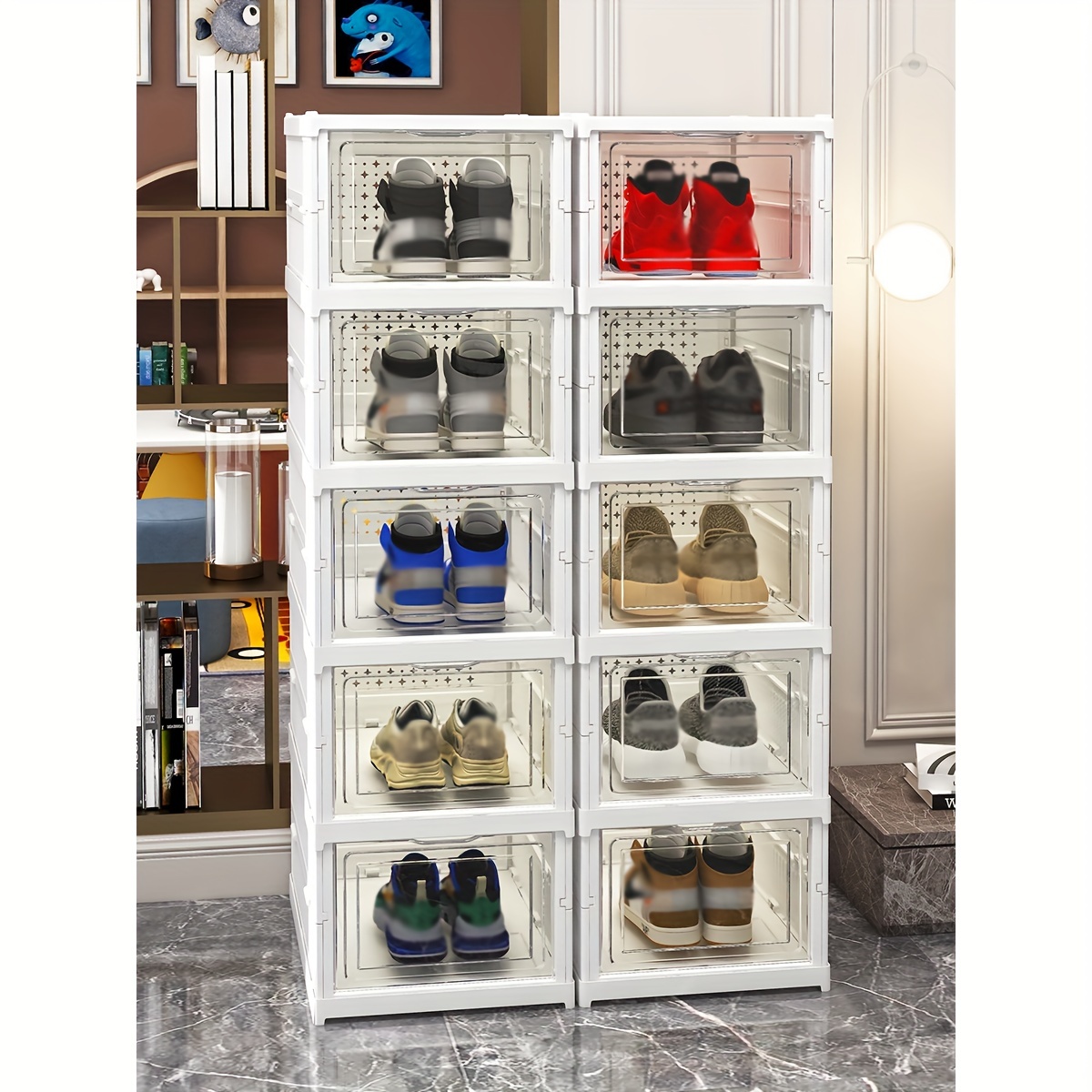 Transparent Shoe Storage Box With Door, Foldable Stackable Free