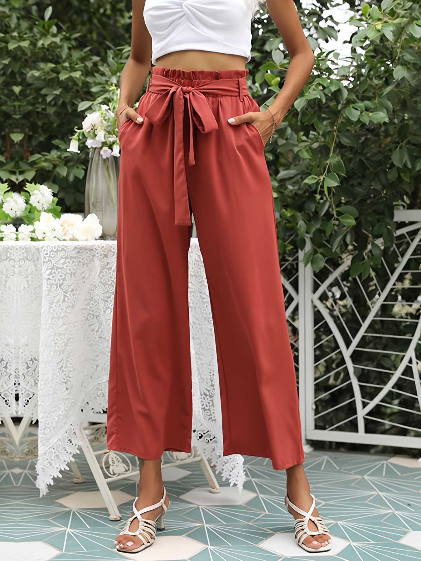Women's Casual Pants Size 16 Women Summer High Waisted Cotton Palazzo Pants  Wide Leg Long Pant Trousers with Pocket Womens Bohemian Bow Tie Crop Top  with High Waist (Beige, S) : 