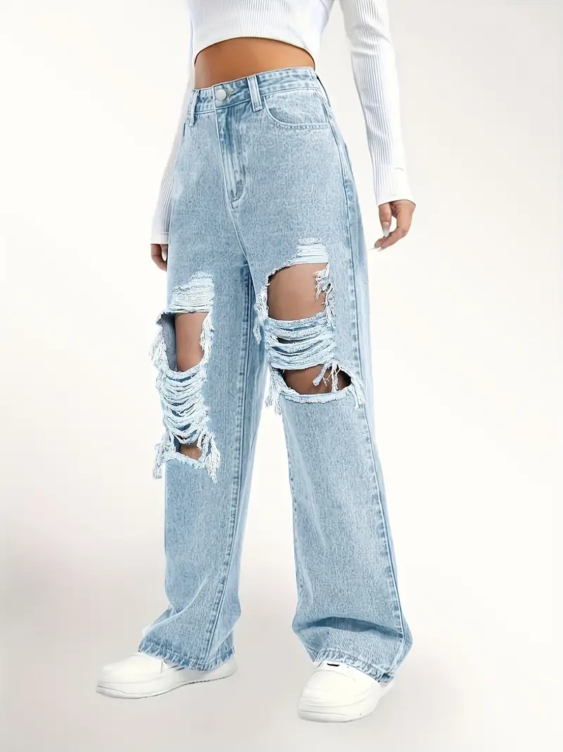 Ripped Straight Leg Loose Fit Jeans High Wide Legs - Temu Germany