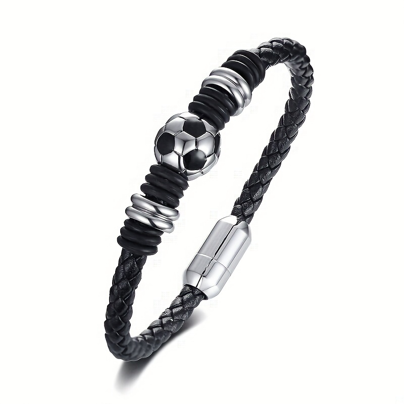 

Soccer Bracelet Genuine Braided Leather Football Magnetic Clasp Wristband Bracelets Gift For Men Women Soccer Fans