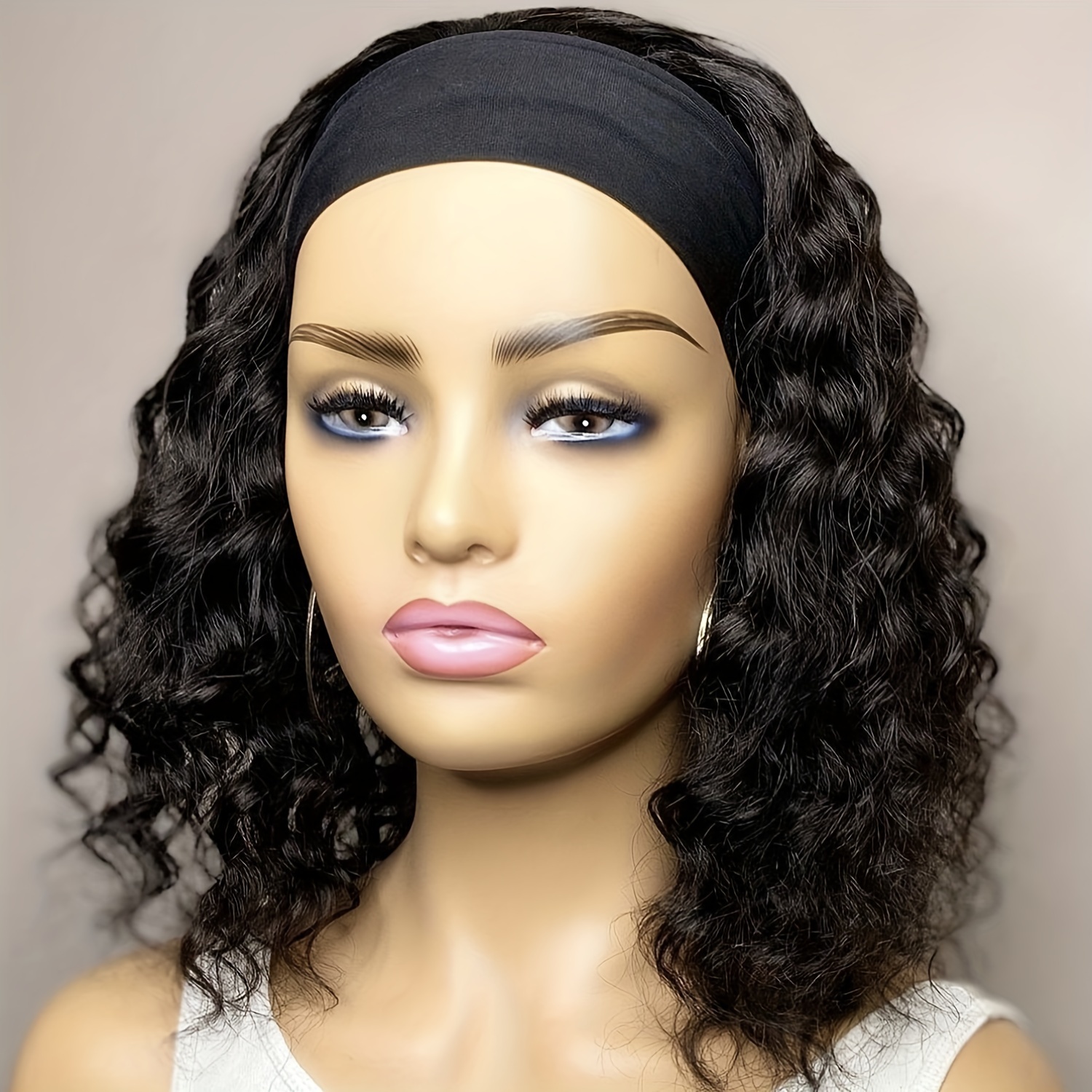 

Short Bob Wigs Water Wave Headband Wig 100% Human Hair For Women Glueless None Lace Front Wig Machine Made 150% Density Headband Wig With Headbands Deep Curly For Daily Use Natural Color