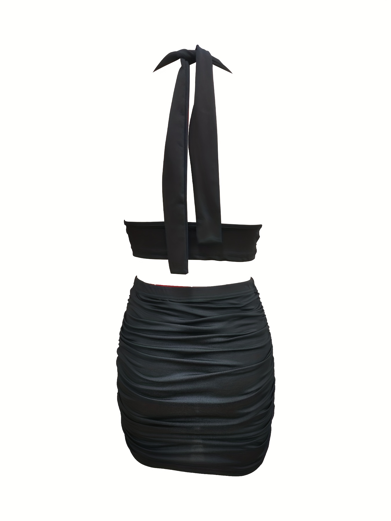 Solid Stretchy Party Two Piece Set Halter Neck Sleeveless Tops & Pleated Bag Hip
