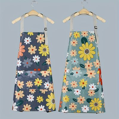 1pc Oil-proof And Waterproof Apron, Floral Pattern Kitchen Cooking Apron With Pocket