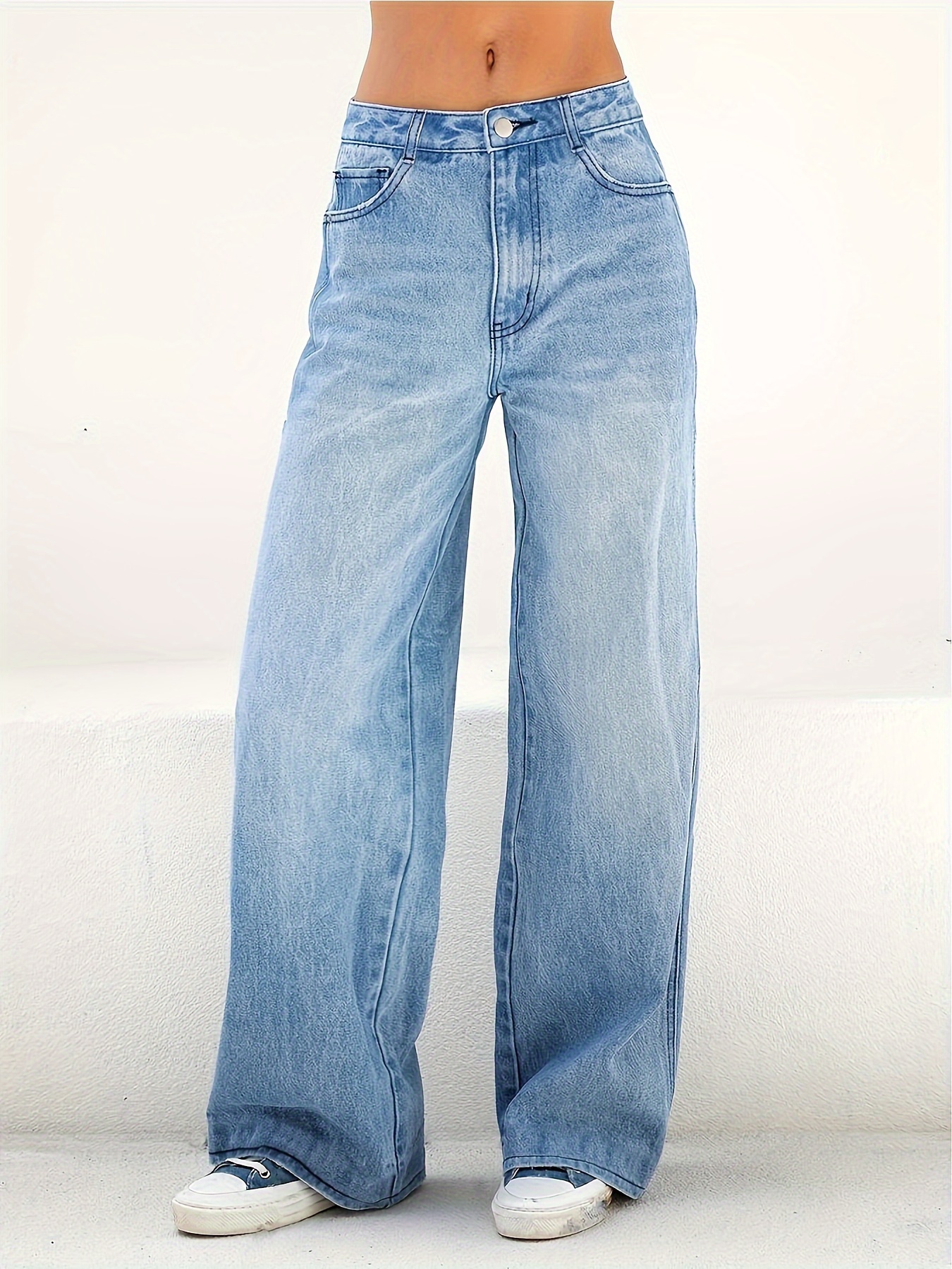 Calças de ganga largas de perna larga * cintura alta com bolsos cortados,  jeans retos de cintura alta, roupas e jeans femininos