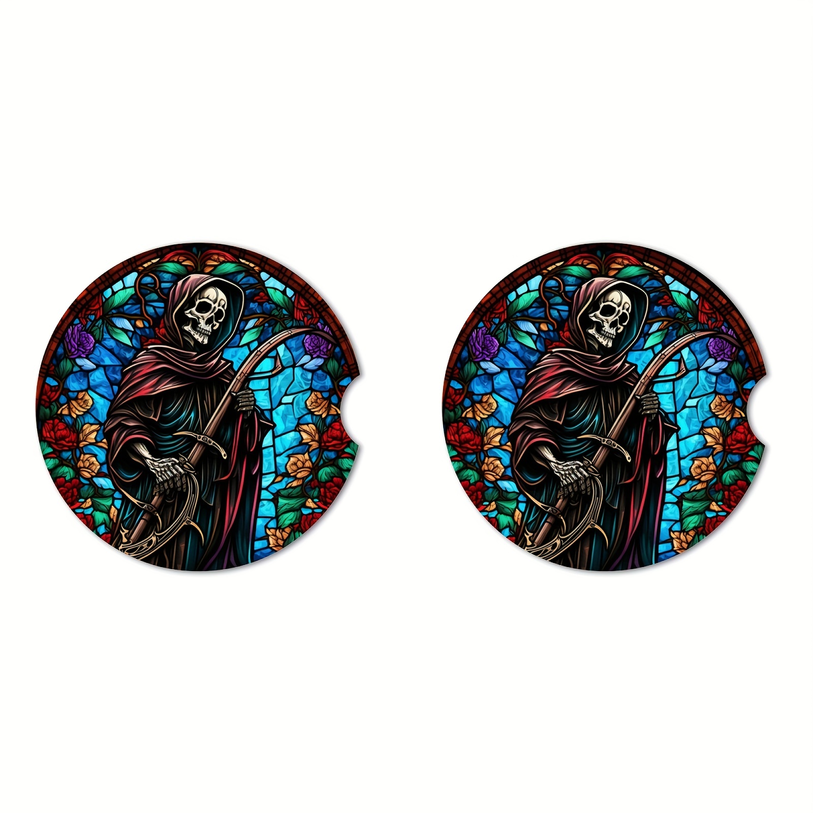 Stained Glass Sugar Skulls Car Coaster