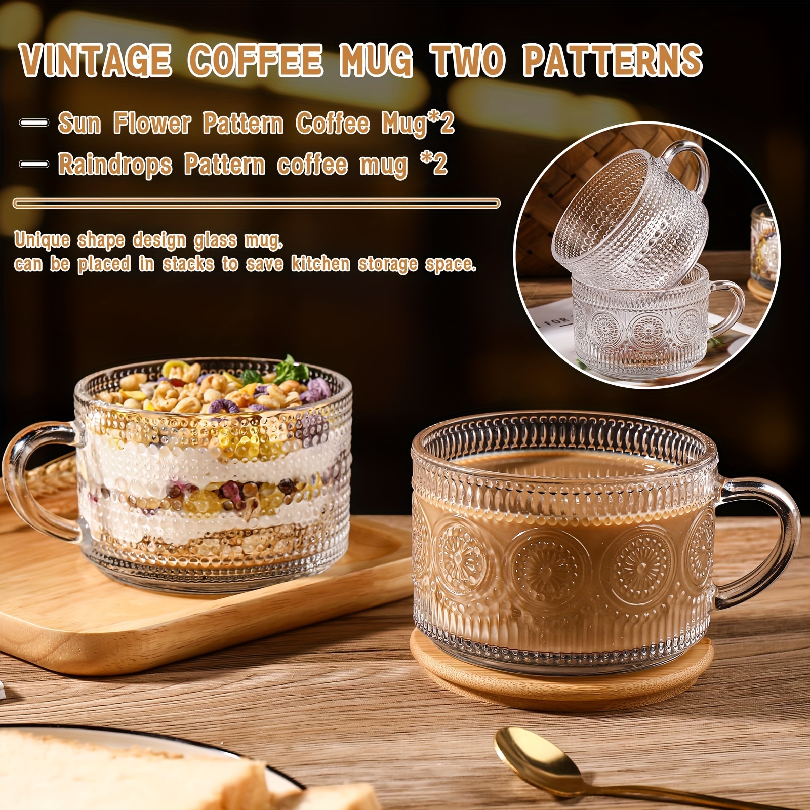 Vintage Coffee Mugs, Overnight Oats Containers with Bamboo Lids and Spoons  - 14oz Clear Embossed Glass Cups, Cute Coffee Bar Accessories, Iced Coffee  Glasses, Ideal for Cappuccino, Tea, Latte, 2 Pack - Yahoo Shopping