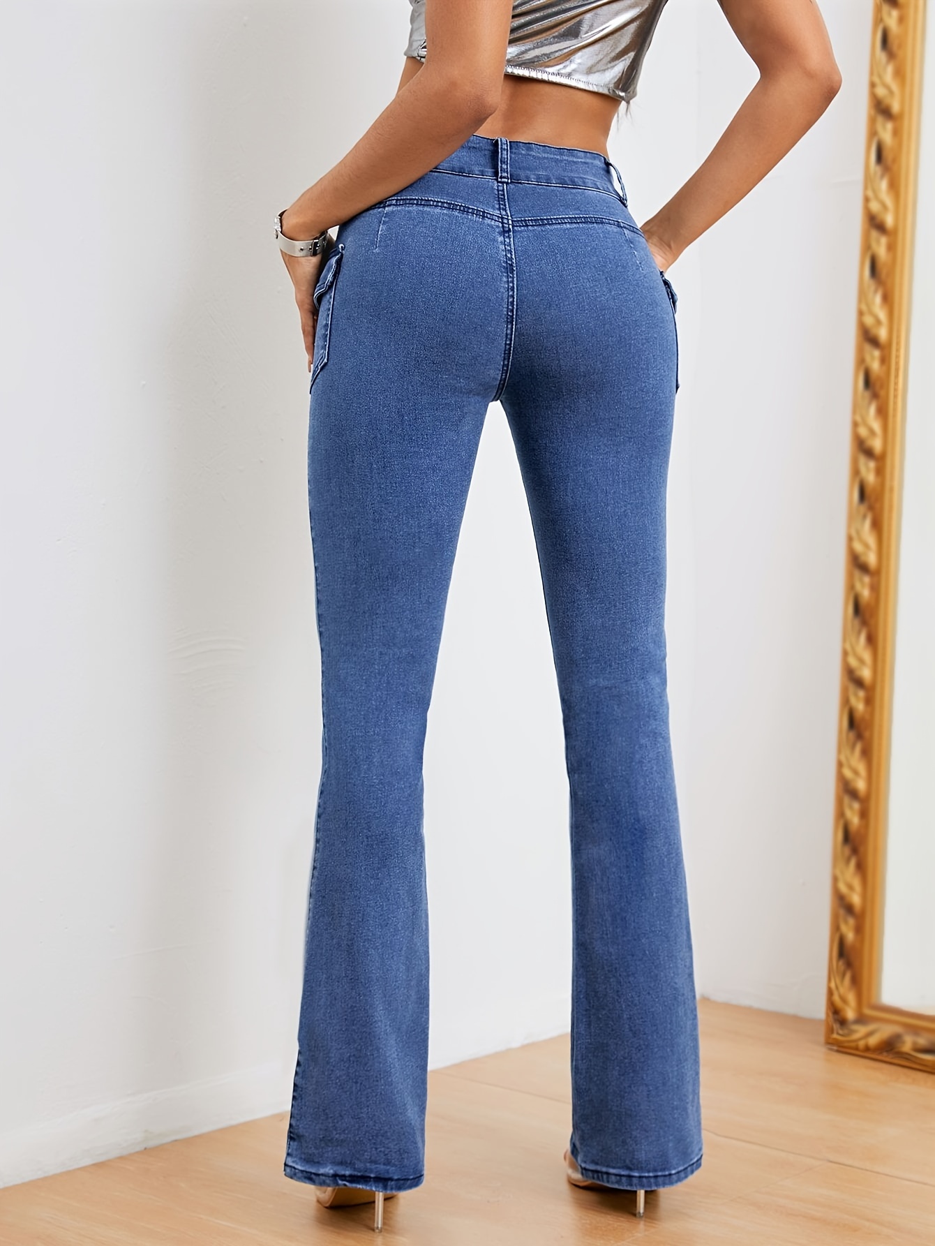 Plain Flap Pockets Cargo Flare Jeans High Stretch Waist - Temu