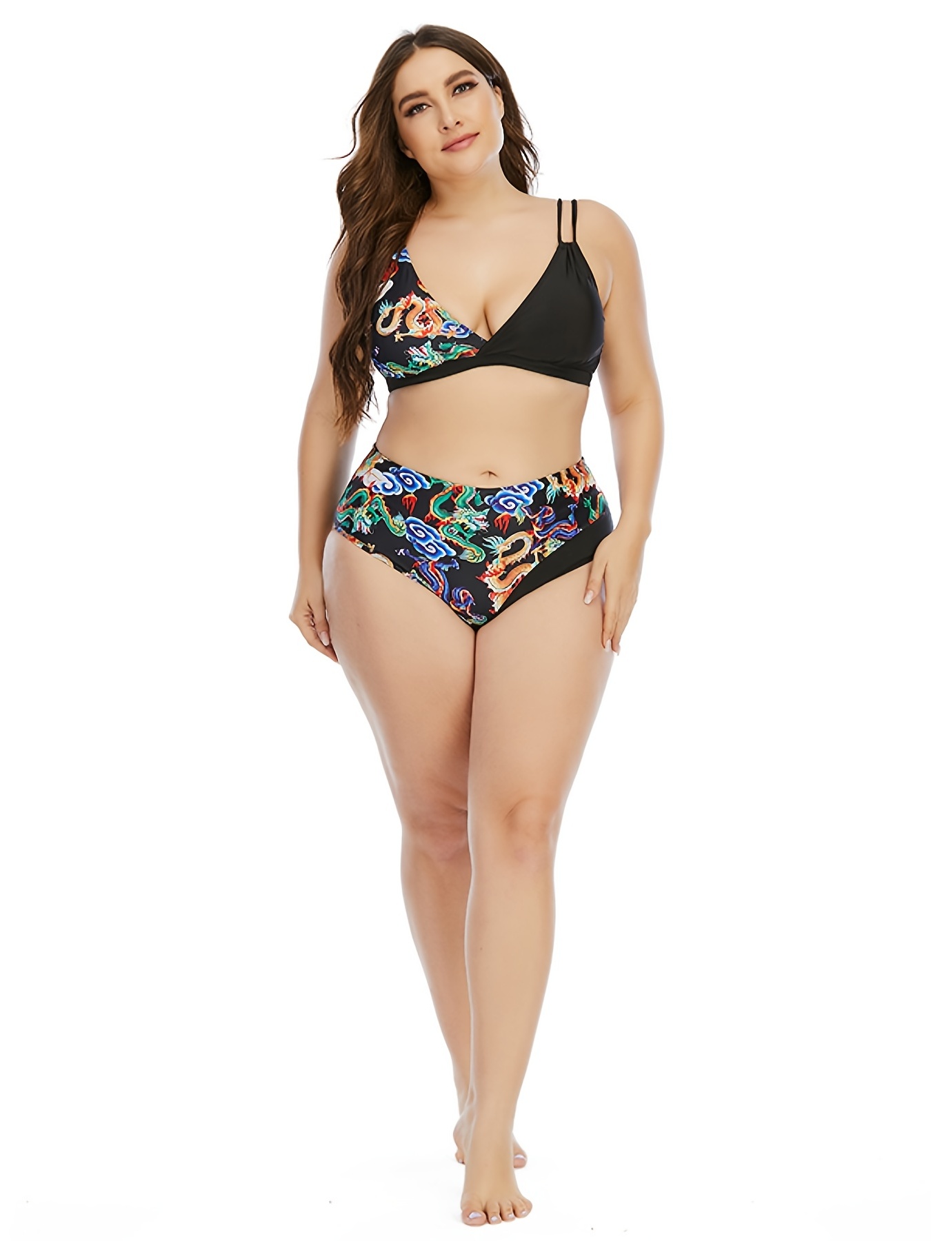 Plus Size Colorblock Dragon Print Bikini Set, Women's Plus Medium Stretch  Elegant Swimsuit Set Beachwear