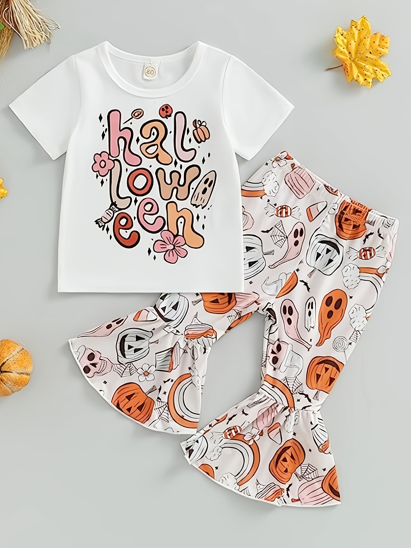 Toddler Baby Girl Halloween Costume - Cute Cartoon Letter Print T-Shirt &  Ghost Graphic Flared Pants Set