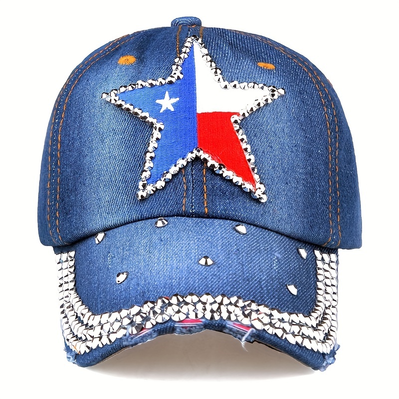 Pentagram Patch Denim Baseball Cap Rhinestone Hip Hop Distressed Dad Hat