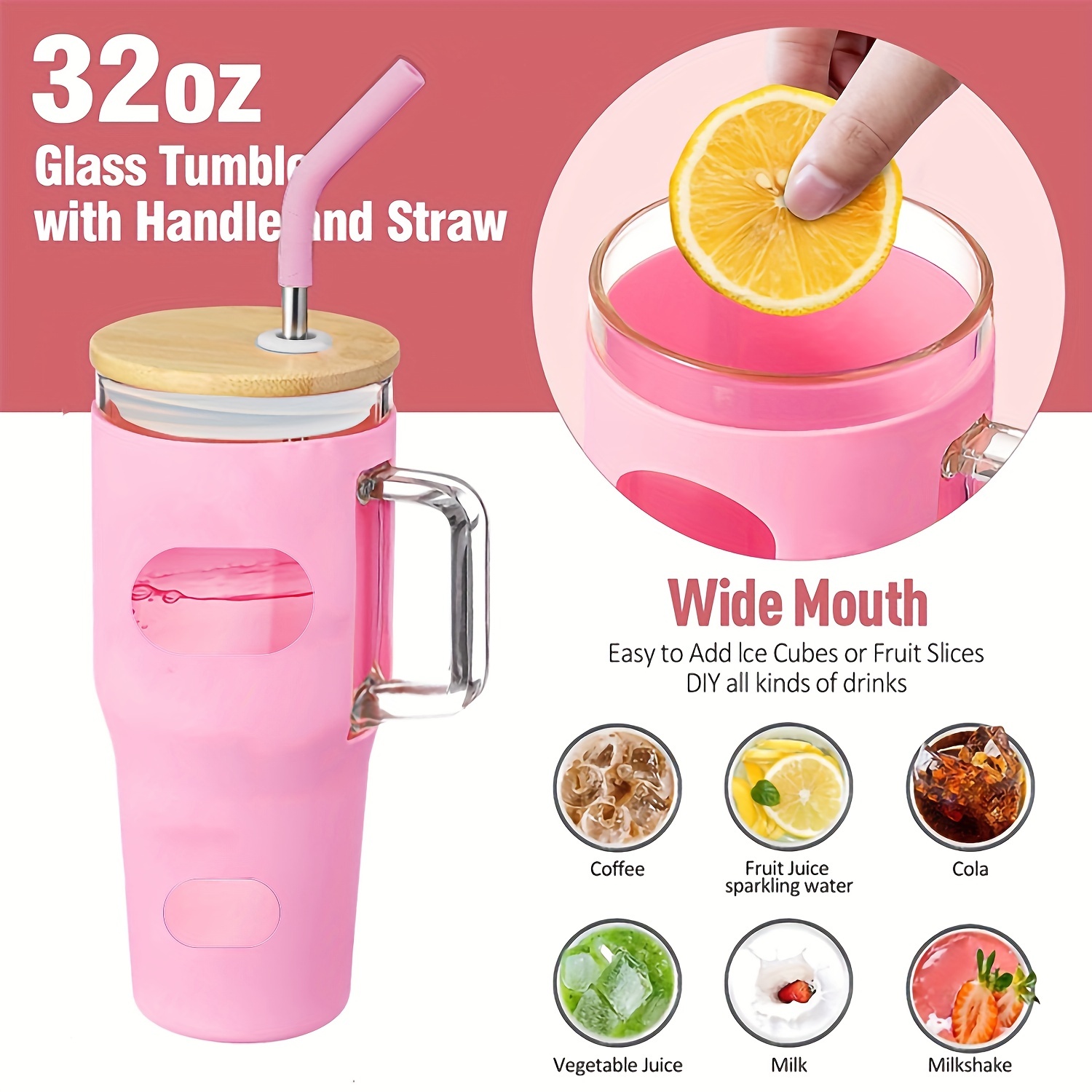 Large Capacity Glass Straw Cup, High Borosilicate Water Bottle Tumbler With  Handle - Temu
