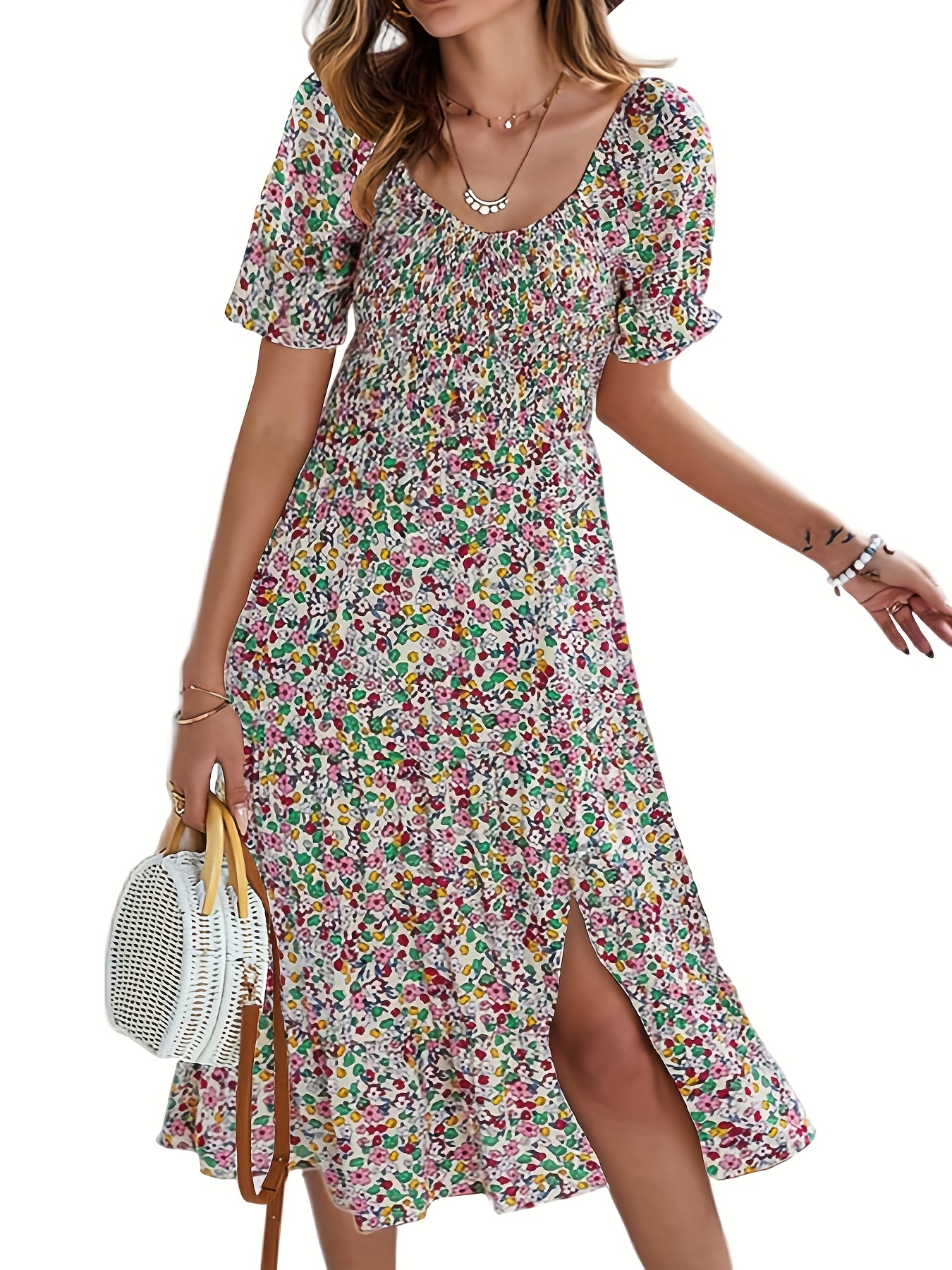 Ditsy Floral Print Dress Casual Split Hem Short Sleeve Dress - Temu ...
