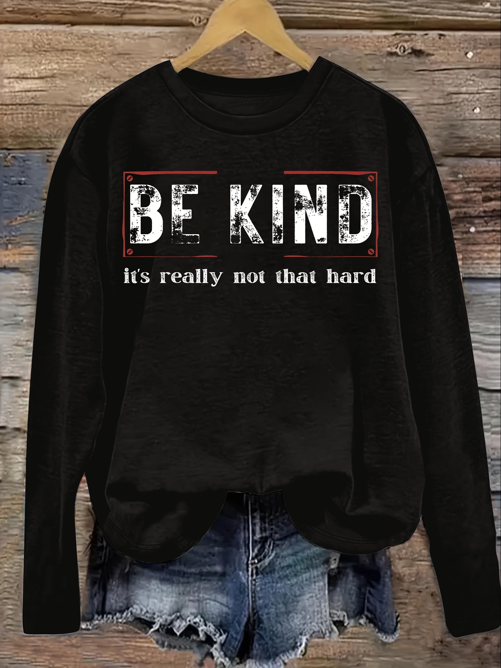 Be Kind Print T-Shirt, Casual Crew Neck Long Sleeve Top For Spring & Fall, Women's Clothing