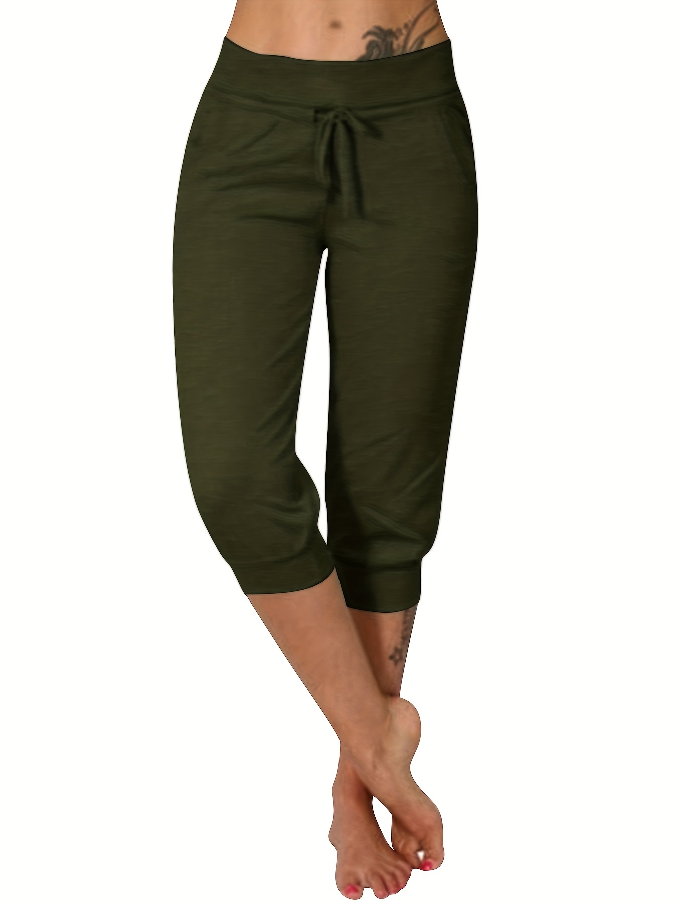  Womens Capri Yoga Pants Wide Leg Loose Comfy Lounge Cropped  Capris with Pockets Army Green Small : Clothing, Shoes & Jewelry