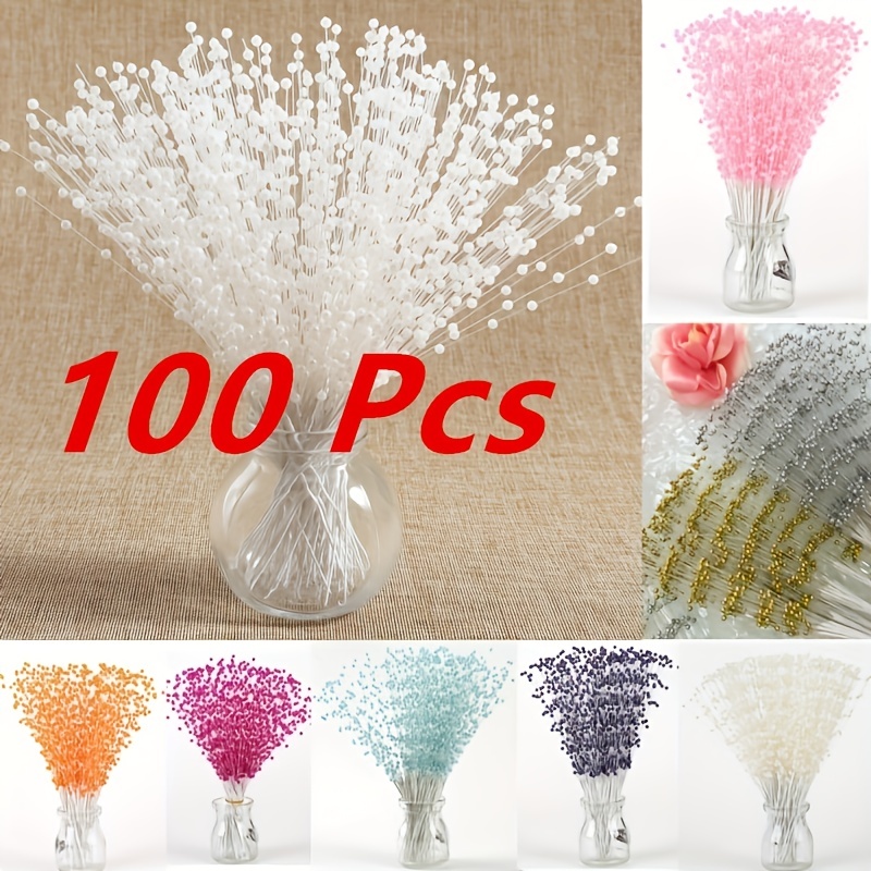100 Pieces String Pearls Sticks Pearl Flower Stems Beaded String Wedding  Pearl Bridal Bouquet Party Decorations Floral Bead Strands for Wedding  Party