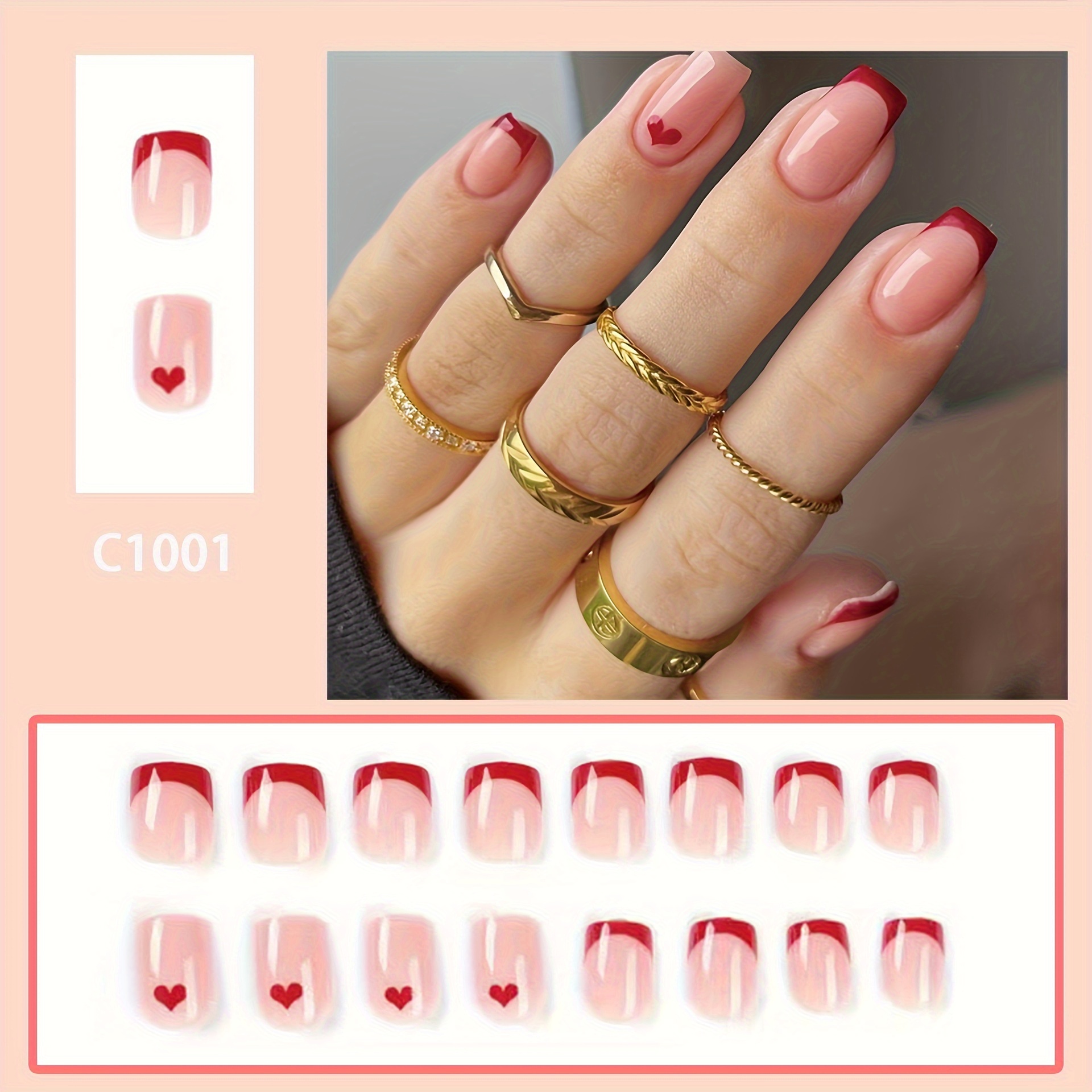 24pcs glossy valentines day press on nails short square press on nails red french fake nails with red love design glossy full cover false nails acrylic stick on nails for women girls without acetone details 1