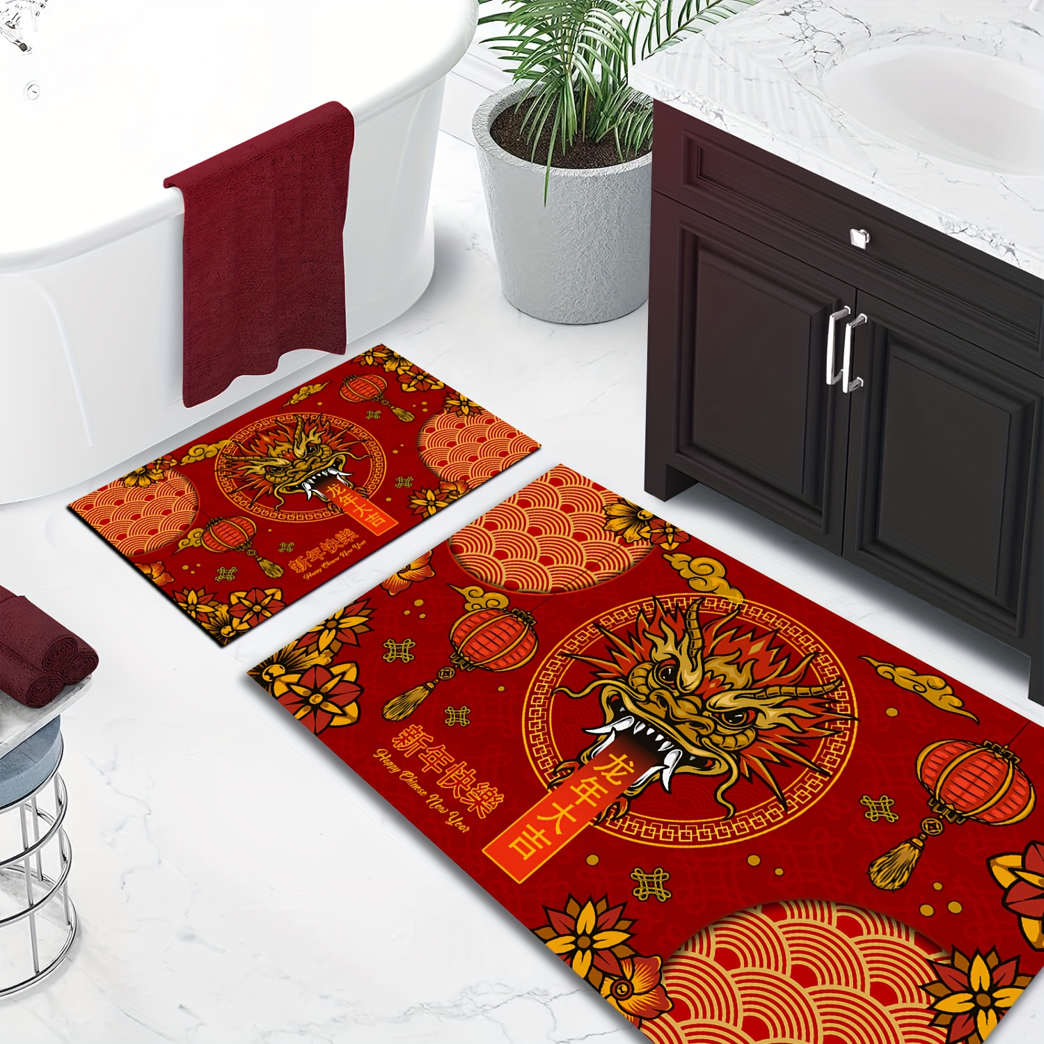 Spring Festival Red Dragon Rubber Bath Mat, Super Strong Water