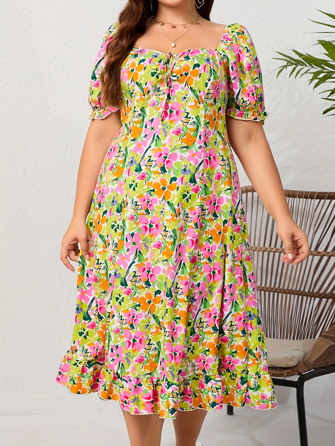 Plus Size Boho Dress, Women's Plus Border Floral Print Off Shoulder Ruffle  Trim Maxi Summer Dress