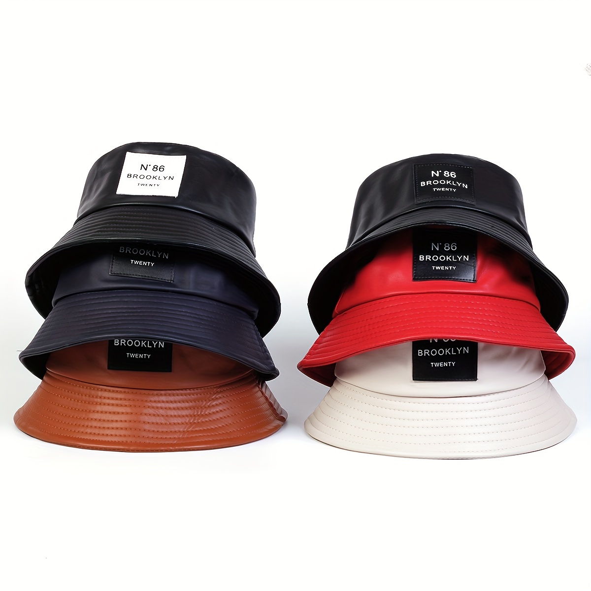 

Pu Leather Trendy Bucket Hat Classic Label Patch Solid Color Basin Hats Casual Adjustable Sunshade Fisherman Cap For Women & Men