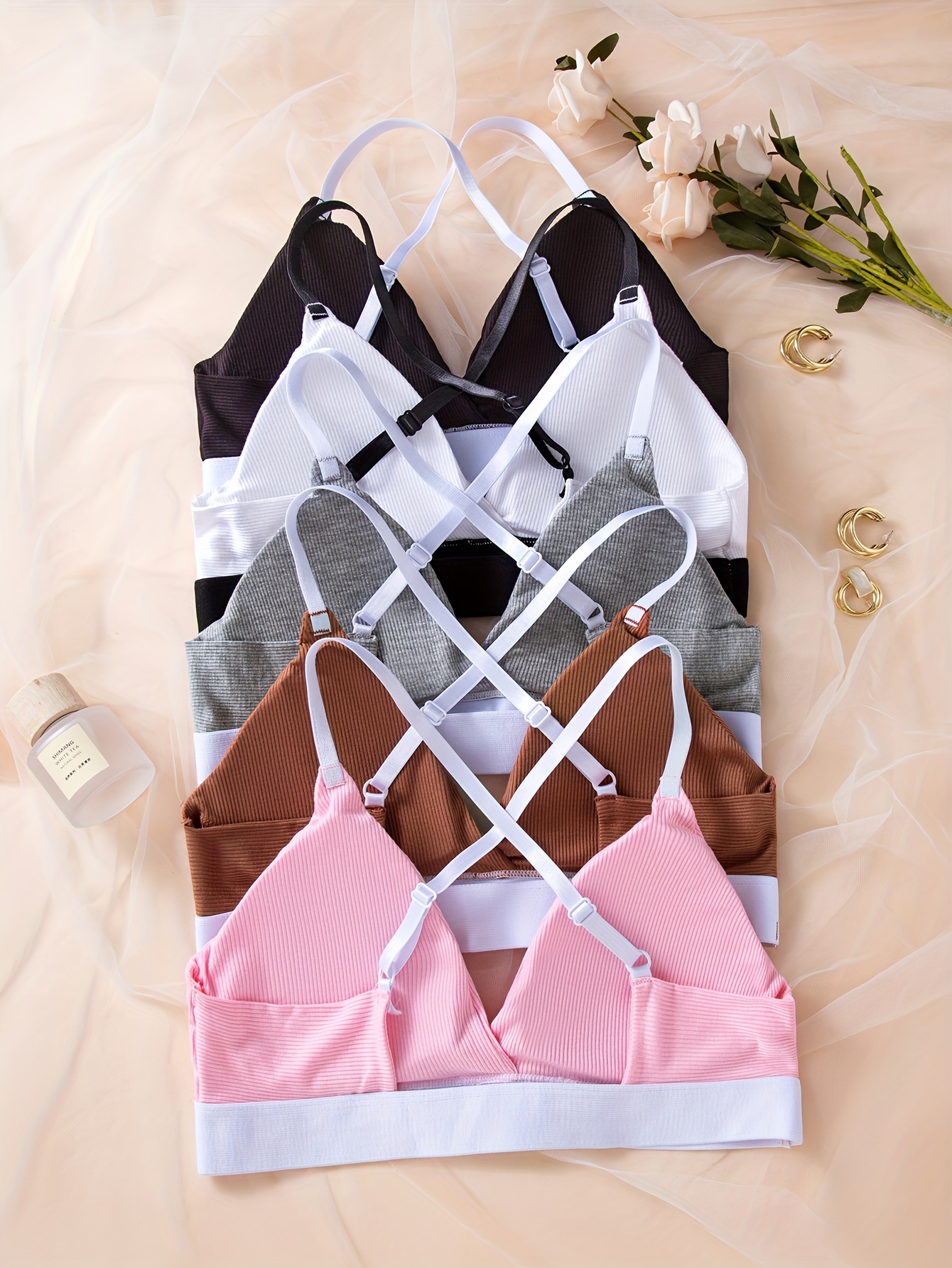 3pcs Criss Cross Back Wireless Bras, Comfy & Breathable Full Coverage Bra,  Women's Lingerie & Underwear