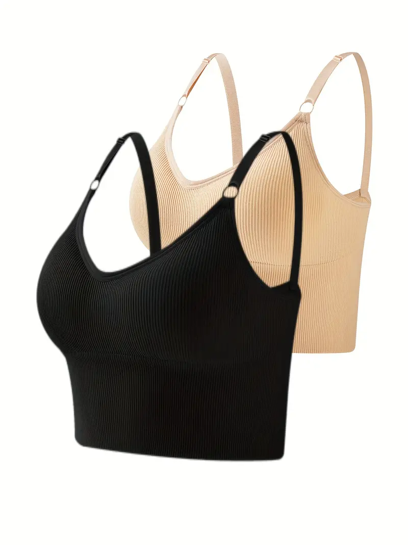 2pcs Solid Ribbed Wireless Bras, Comfy & Breathable Yoga Sports Bra,  Women's Lingerie & Underwear