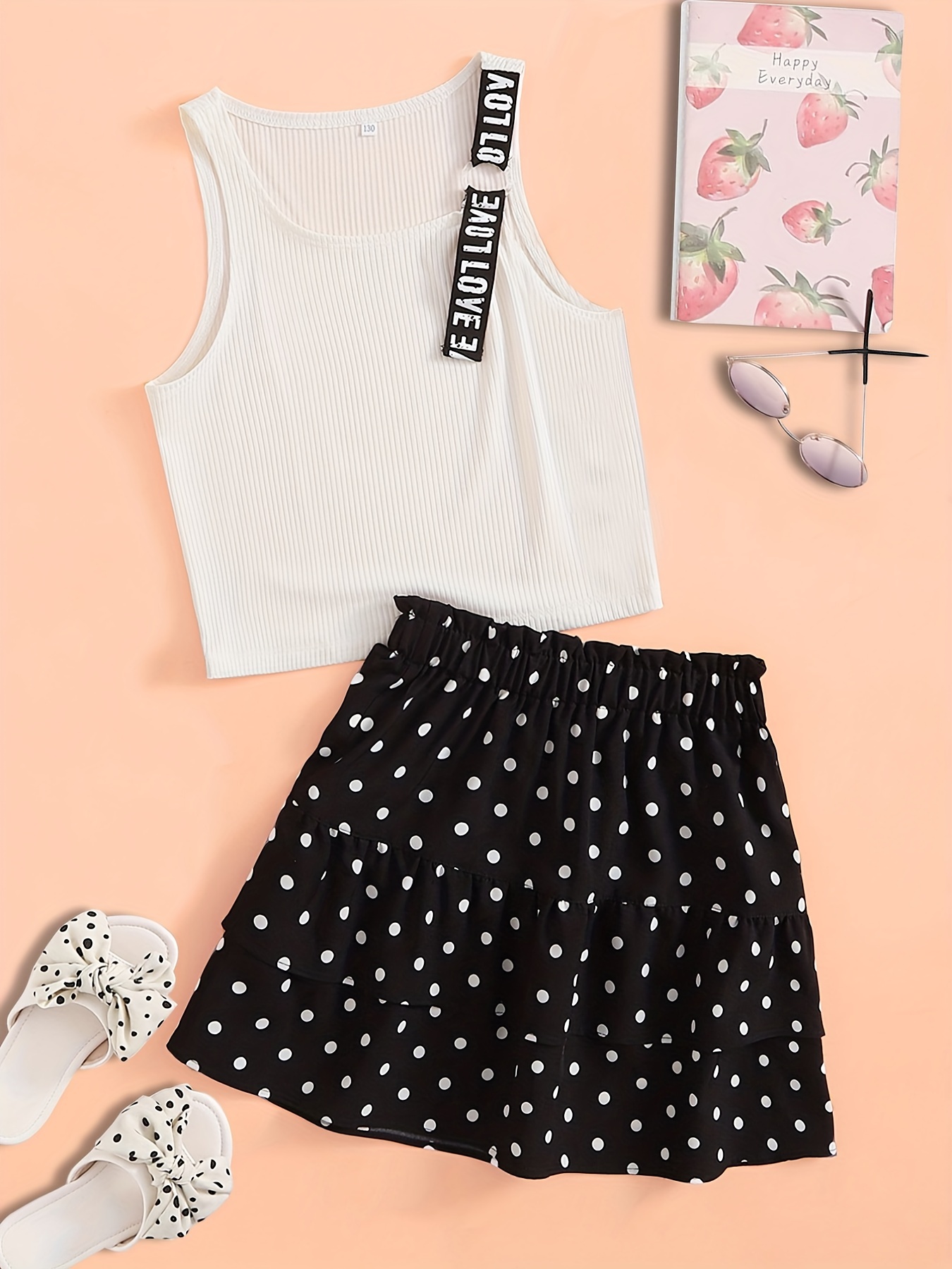 White Crop Top and Polka Dots Skirt Set