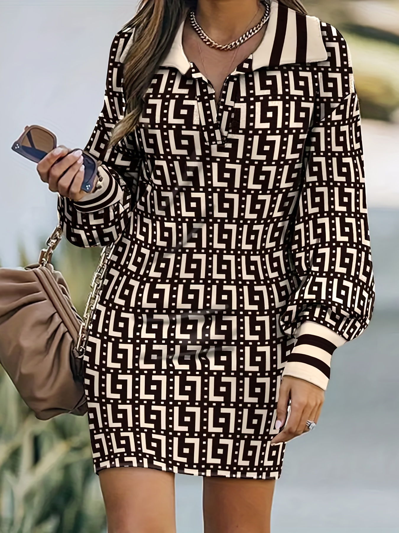 Houndstooth Print Bodycon Dress Casual V Neck Long Sleeve - Temu