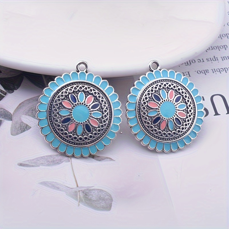 Image of 6pcs Bohemian Style Alloy Antique Silvery Charm Enamel Flower Round Pendant Jewelry Earring Making