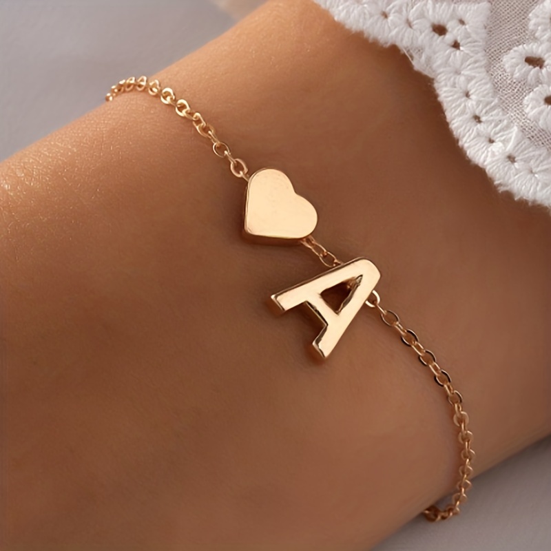 26 English Initial Letter Bracelet With Alloy Heart-shaped Charm Simple  Romantic Jewelry Gift - Temu