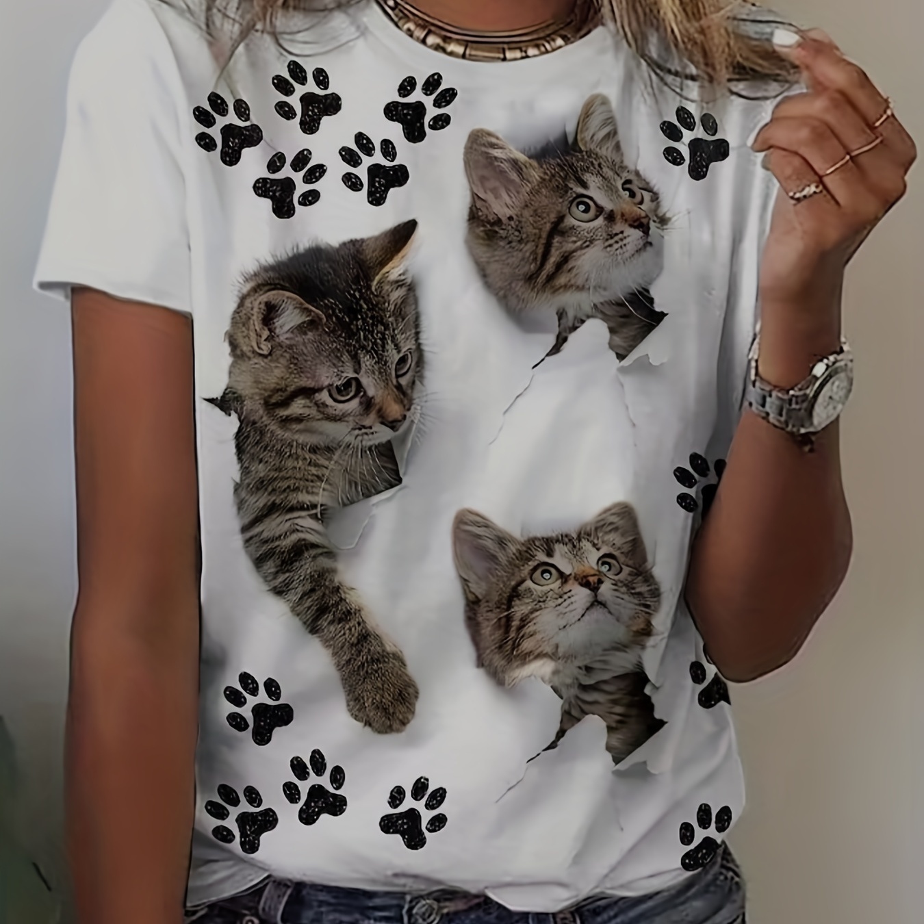 

Cute Cat & Cat Paw Print T-shirt, Short Sleeve Crew Neck Casual Top For Summer & Spring, Women's Clothing