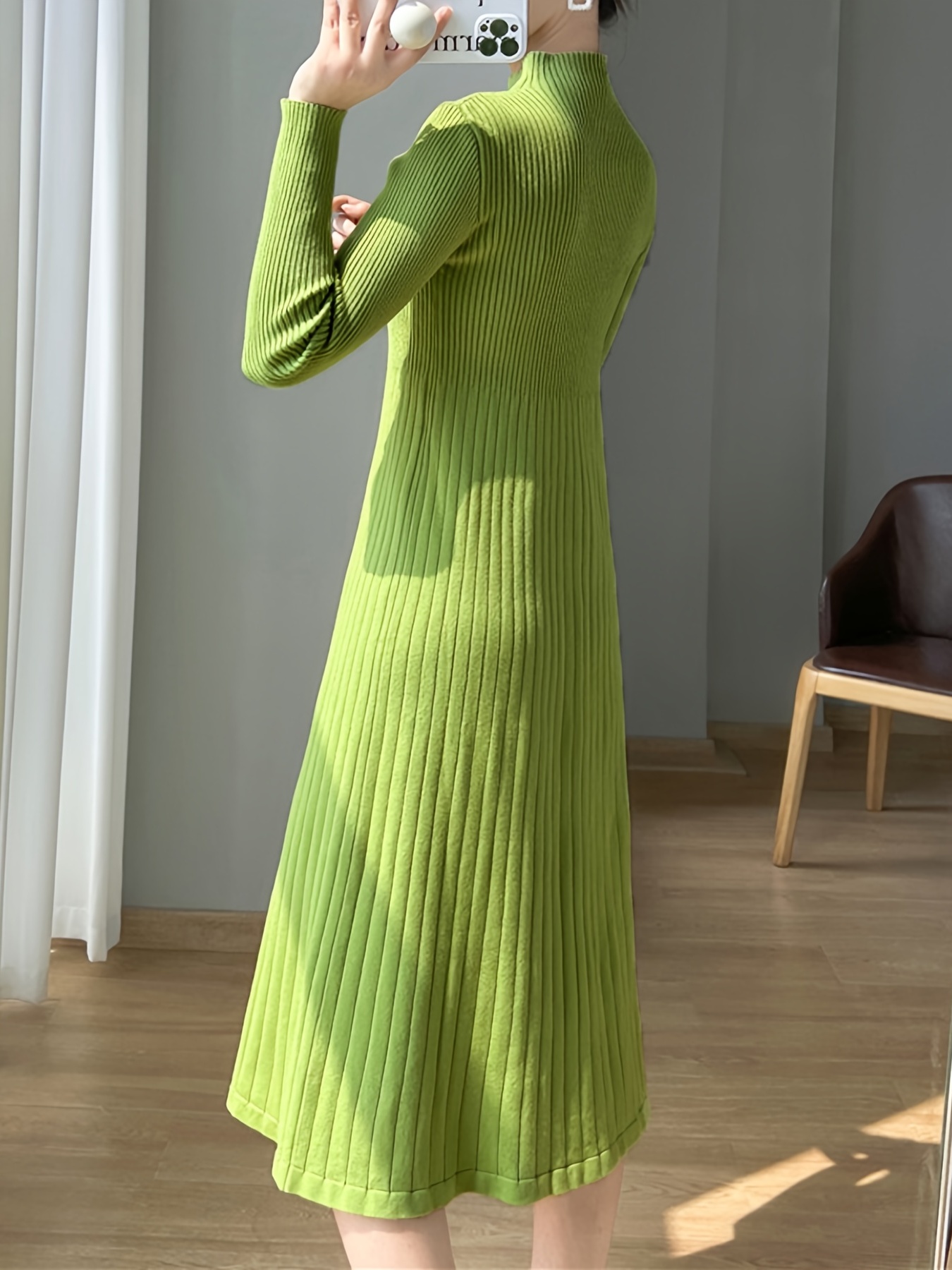 Solid Ribbed Midi Dress Elegant Mock Neck Long Sleeve Dress - Temu