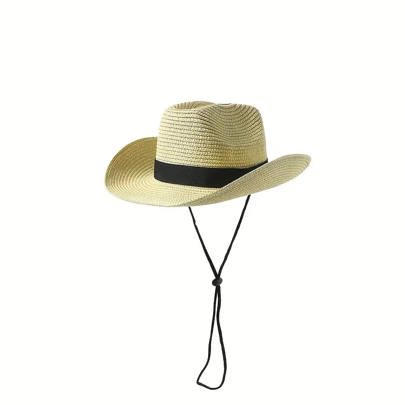 Unisex Western Cowboy Straw Hat Rolled Brim Simple Sunscreen