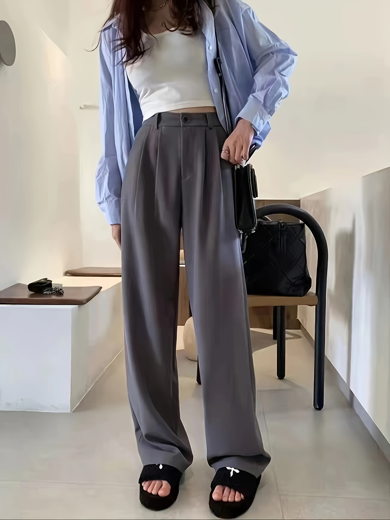 Yitimuceng Grey Wide Leg Pants for Women New High Waisted Korean Fashion  Casual Straight Pants Ladies Full Length Suits Pants