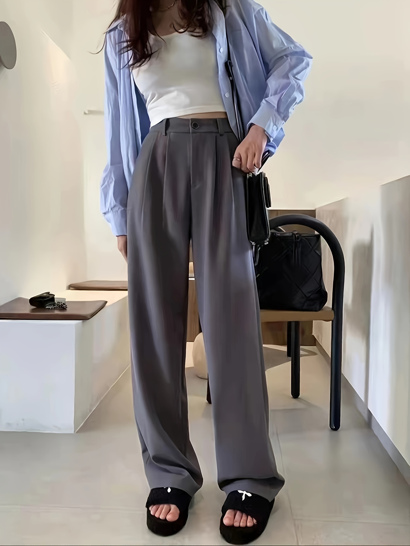 Straight Leg Trouser, High Waist Casual Pants for Spring & Fall