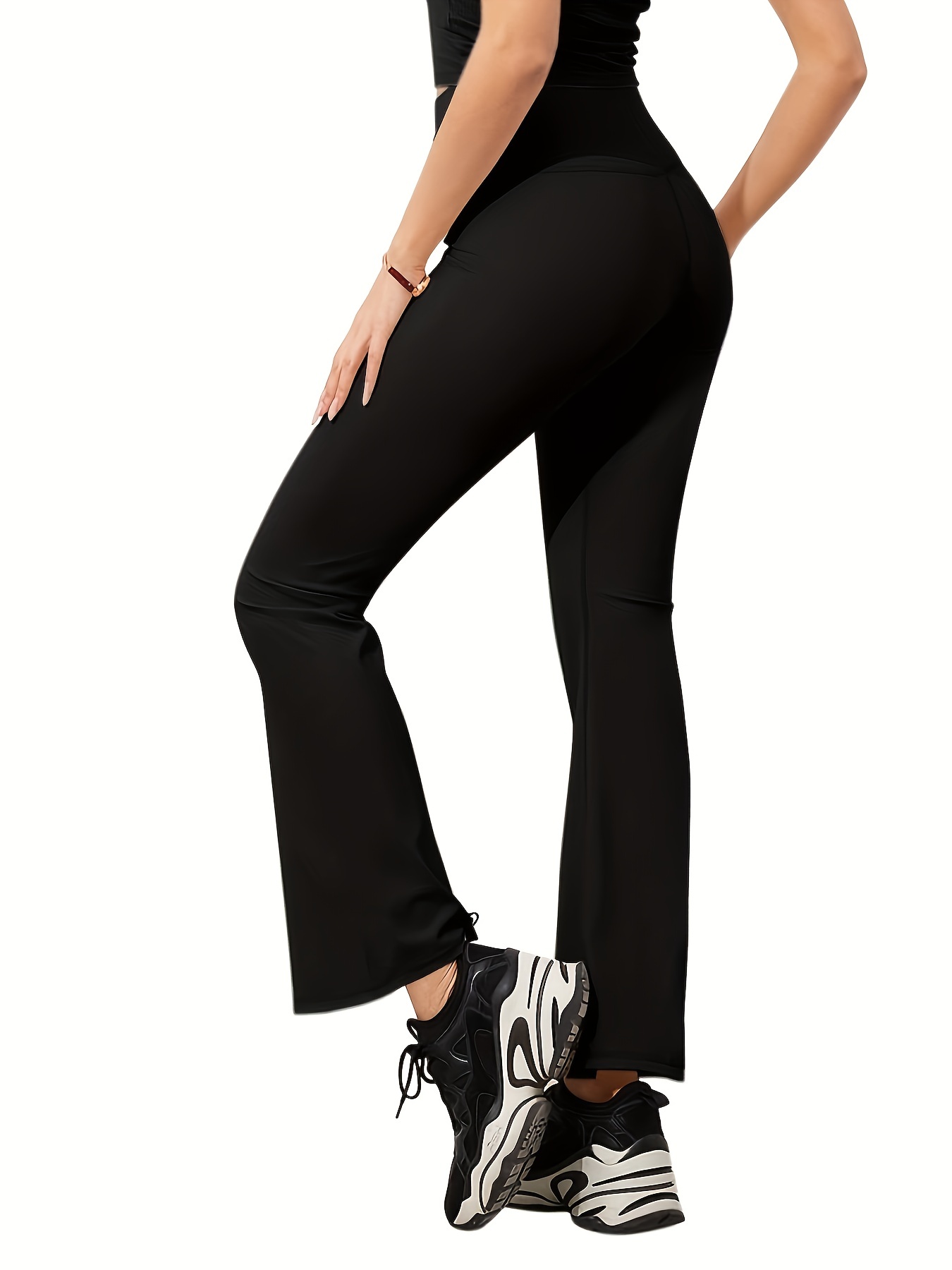 High Waist Bootcut Leggings Black Solid Color Sports Fitness - Temu
