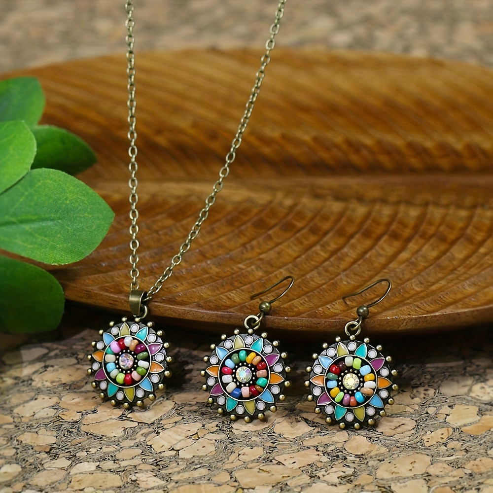 

3pcs Earrings Plus Necklace Boho Style Jewelry Set Colorful Flower Design Inlaid Tiny Beads Match Daily Outfits Traditional Tribal Accessories