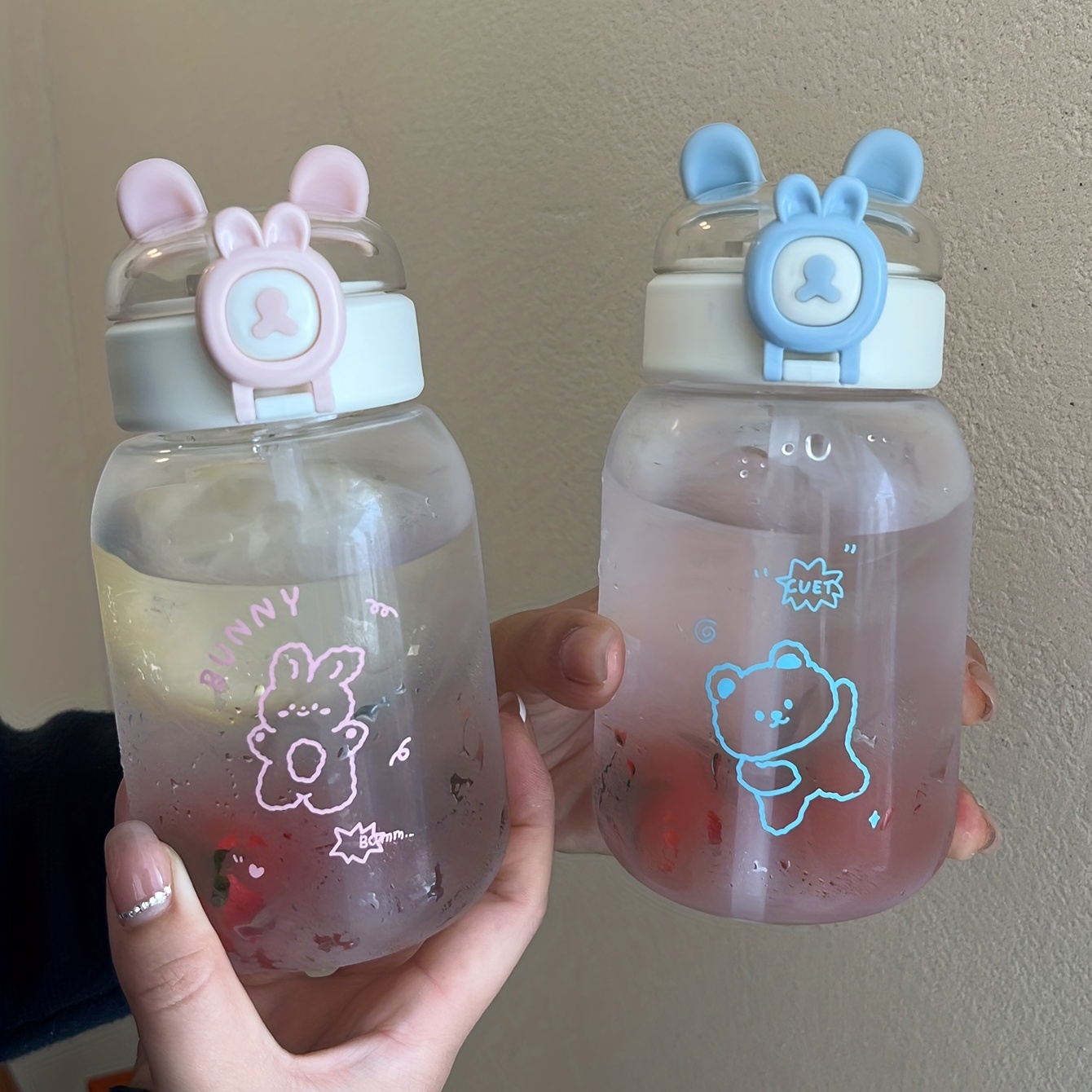 

1pc 500ml Cute Rabbit Water Bottle Ear Shaped Water Cup With Handle And Straw, Summer Drinkware, Travel Accessories, Birthday Gifts Drink Decoration Teen Girl Teenager Stuff Back To School Supplies