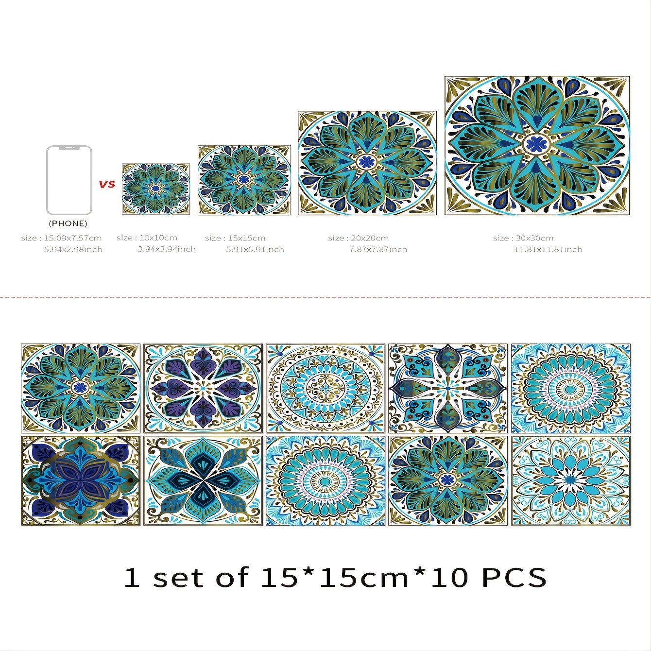 10pcs Retro Green Tile Sticker Waterproof Self Adhesive Wall Decor