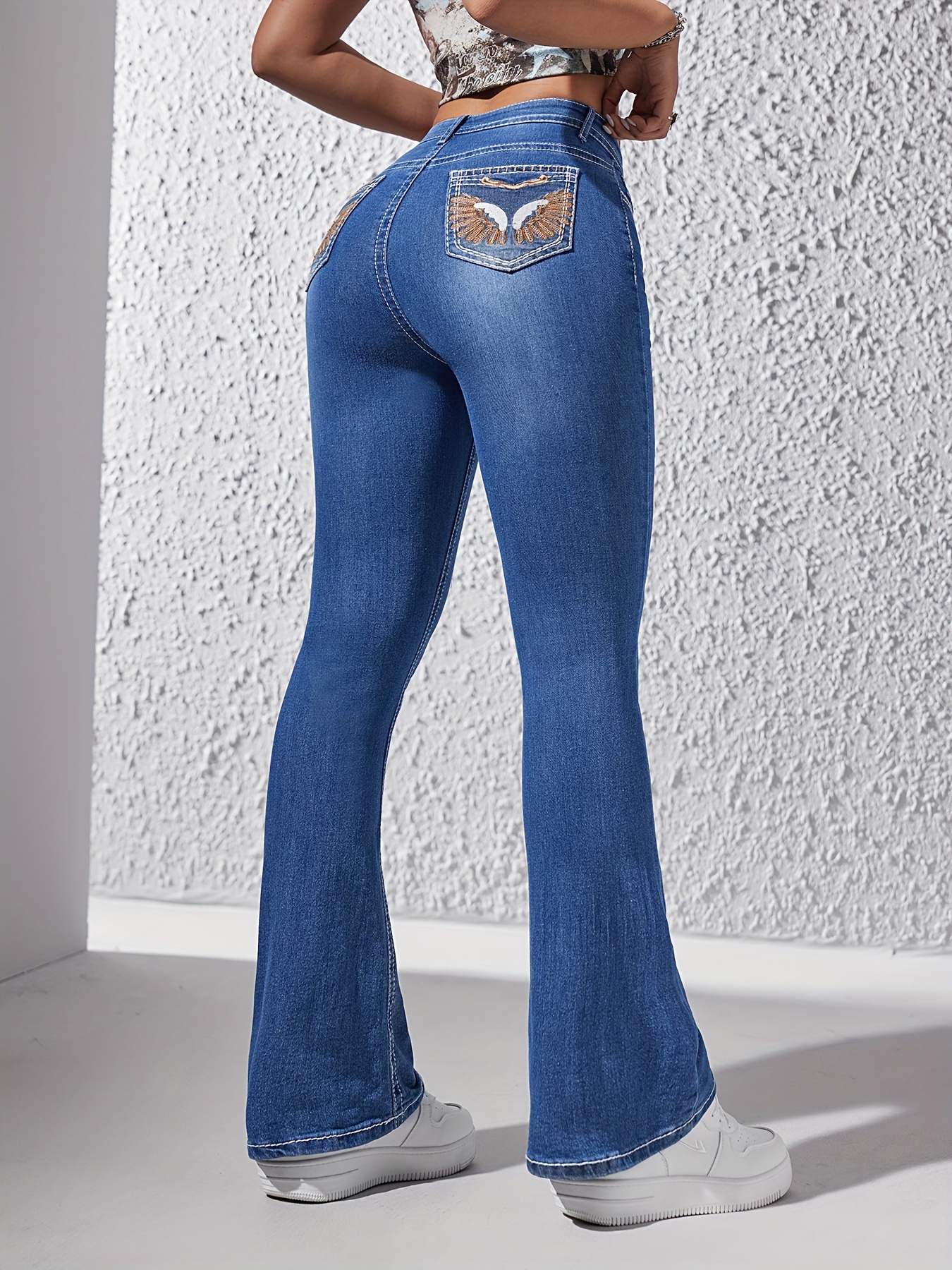 Blue High Waist Flare Jeans Slash Pockets High Bell - Temu Kuwait