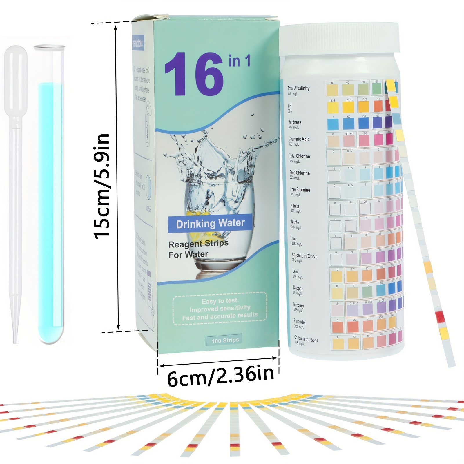 Kit de Test de Qualité de l'Eau Domestique - 100 Bandelettes pour Dureté,  pH, Fluor, Plomb, Nitrates et plus
