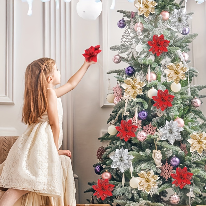 5pcs Glitter Christmas Flowers Xmas Tree Ornaments Decorations