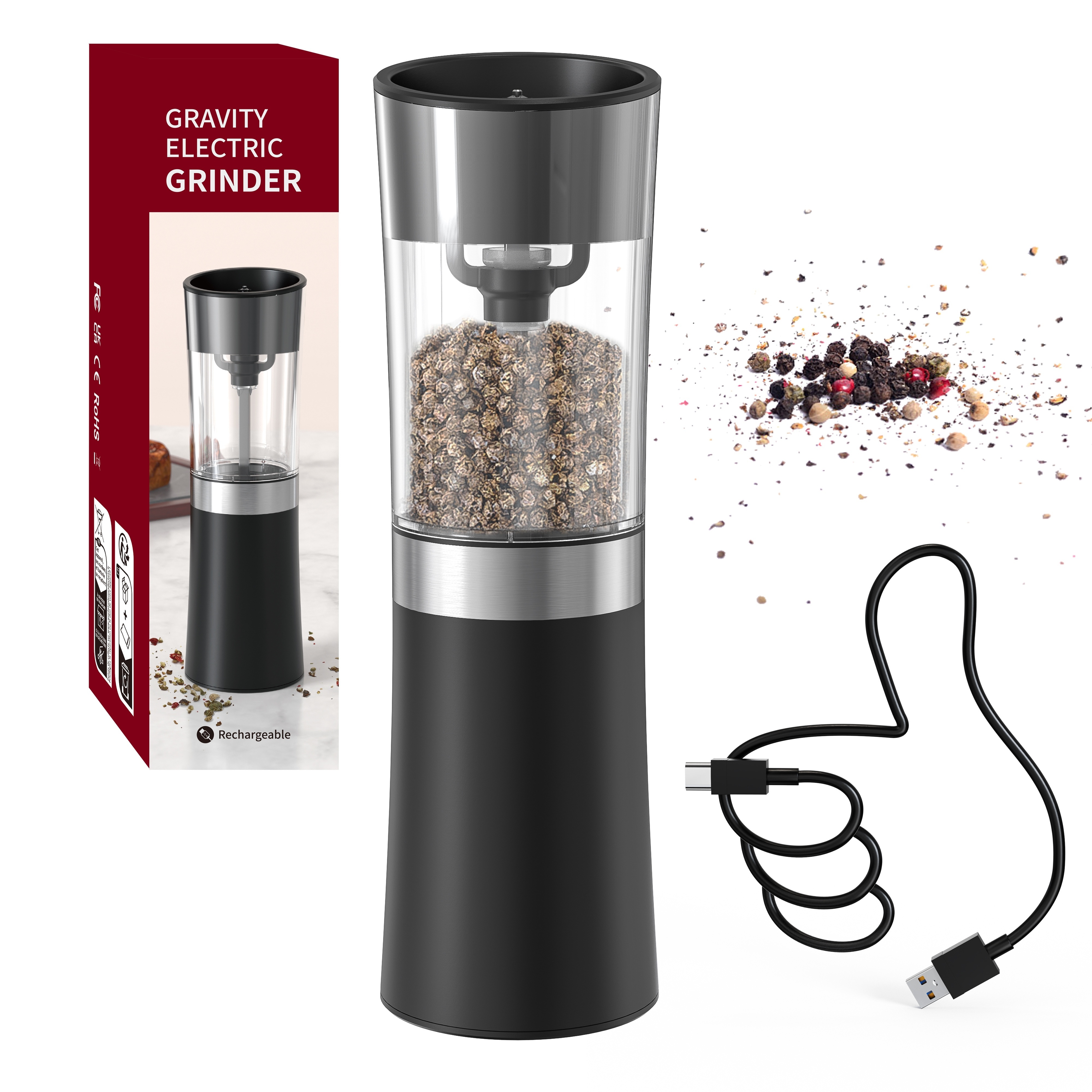 Rechargeable Electric Salt and Pepper Grinder Set With Charging Base Automatic  Salt Black Pepper Mill Refillable Spice Grinder
