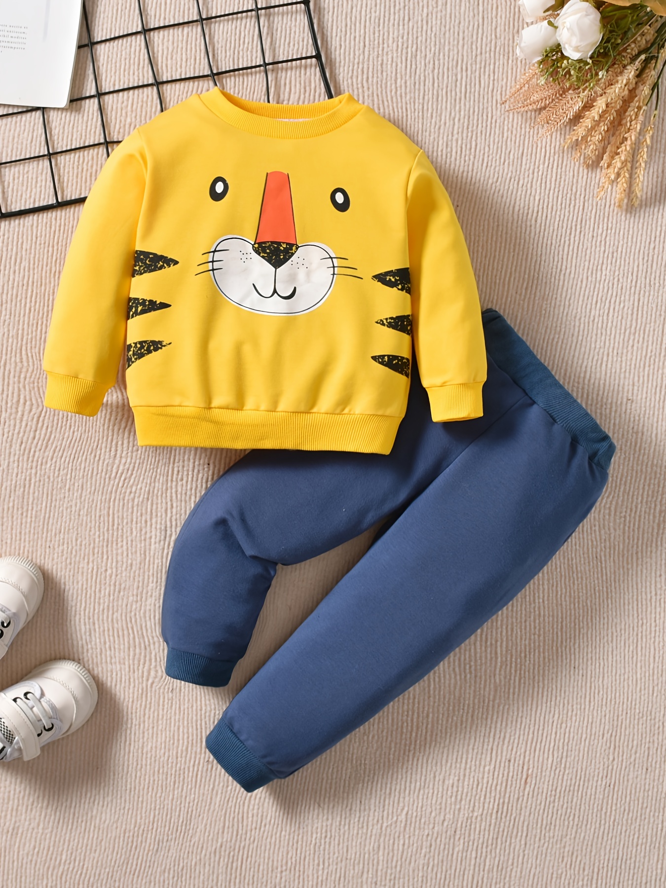 2pc Autumn Winter Kids Tiger Print Crew Neck Long Sleeve Pants Set