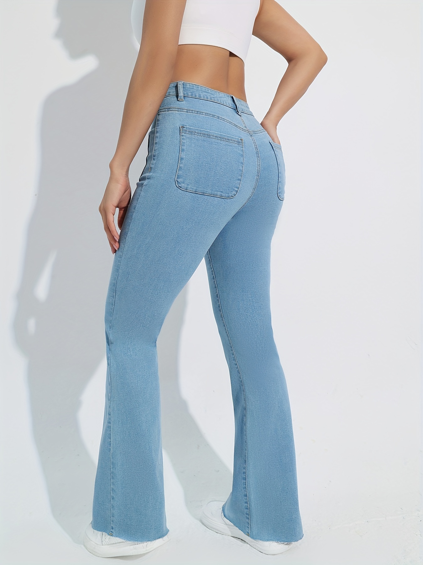 Blue Raw Cut Flare Jeans, High-Stretch Patch Pockets Casual Pintuck Jeans,  Women's Denim Jeans & Clothing