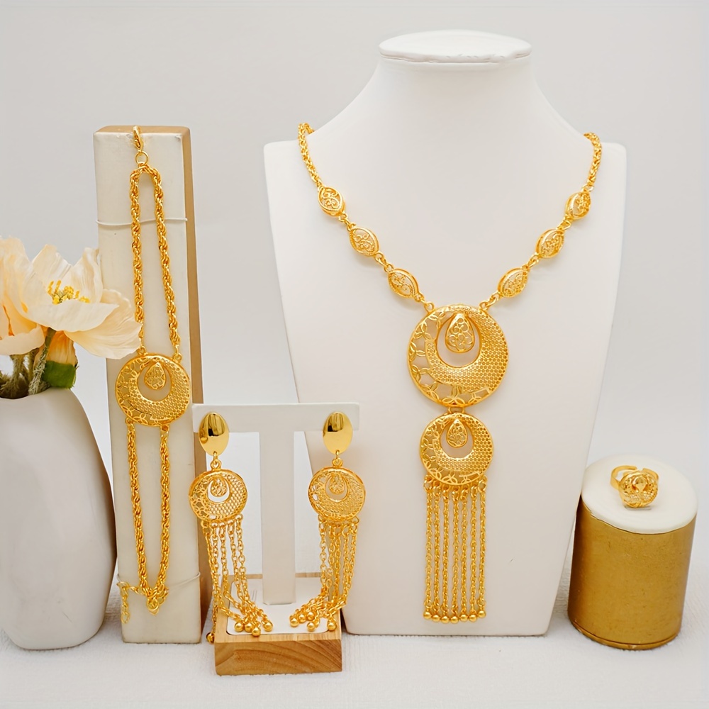 

Luxury Urban Fashion 24k Golden Plated Jewelry Set - Zinc Alloy Tassel Long Necklace, Earrings, Bracelet, And Ring - No Mosaic, Perfect For Wedding & Parties