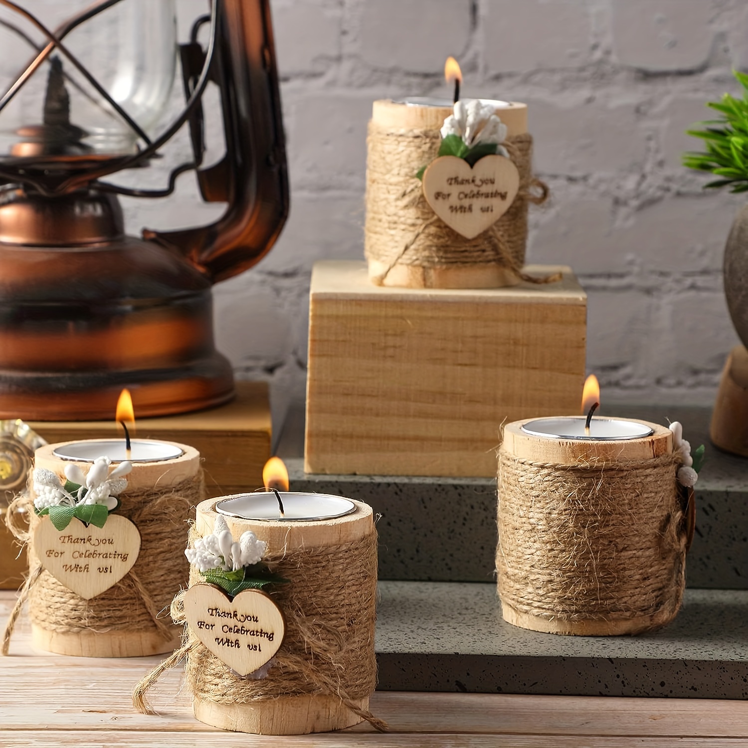 Set of 4 Wood Tealight Candle Holders with Distressed Finish - Cozy Glitter