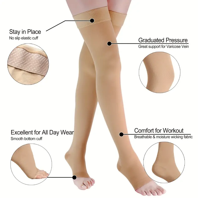 Open Toe Thigh High Compression Stockings Silicone Band - Temu